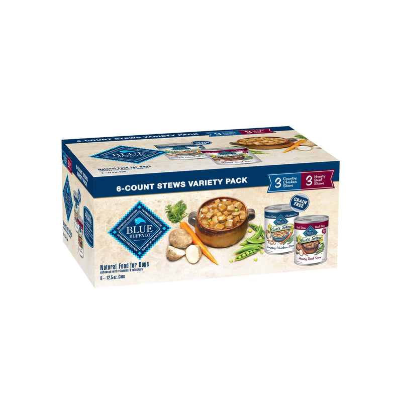 Blue Buffalo Blue's Stew Natural Wet Dog Food, Made with Natural Ingredients, Hearty Beef and Country Chicken Variety Pack, 12.5-oz Cans, 6 Count