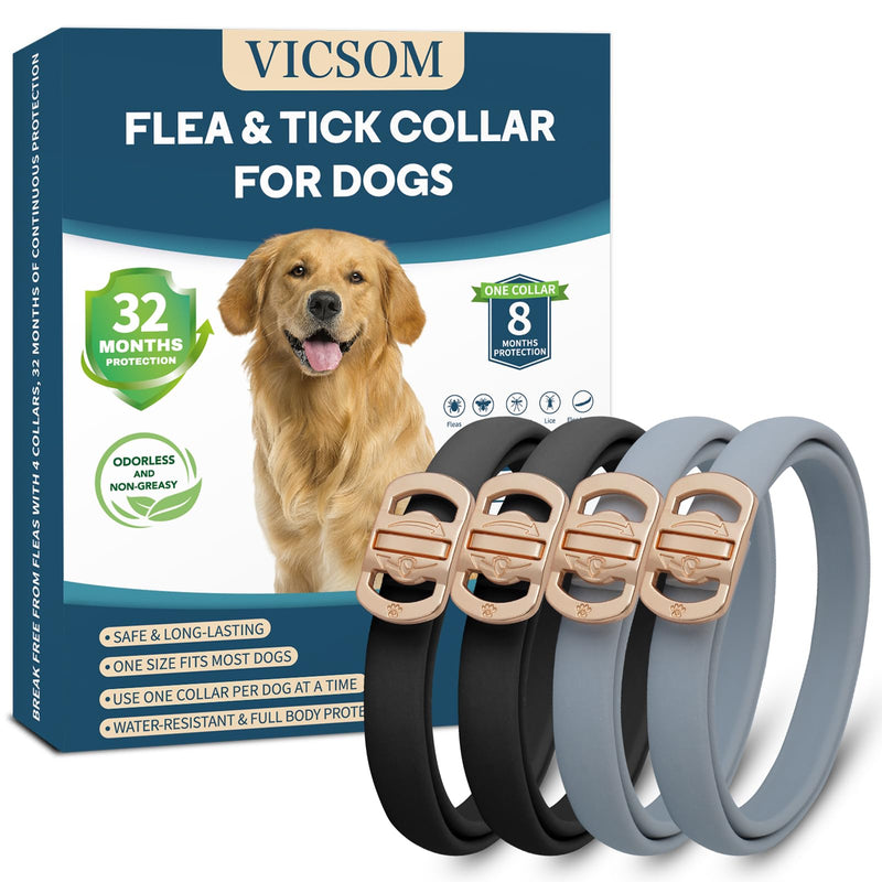 Flea and Tick Collar for Dogs 4 Pack, 32 Months Prevention, Waterproof, Adjustable for Small Medium Large Dogs Puppies (Black and Grey)